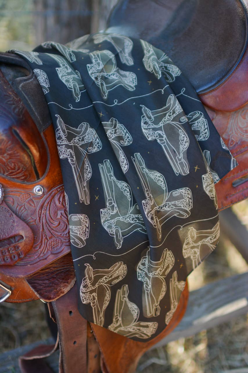 Western Saddle in Arena Brown Cowgirl Silk Scarf Wild Rag