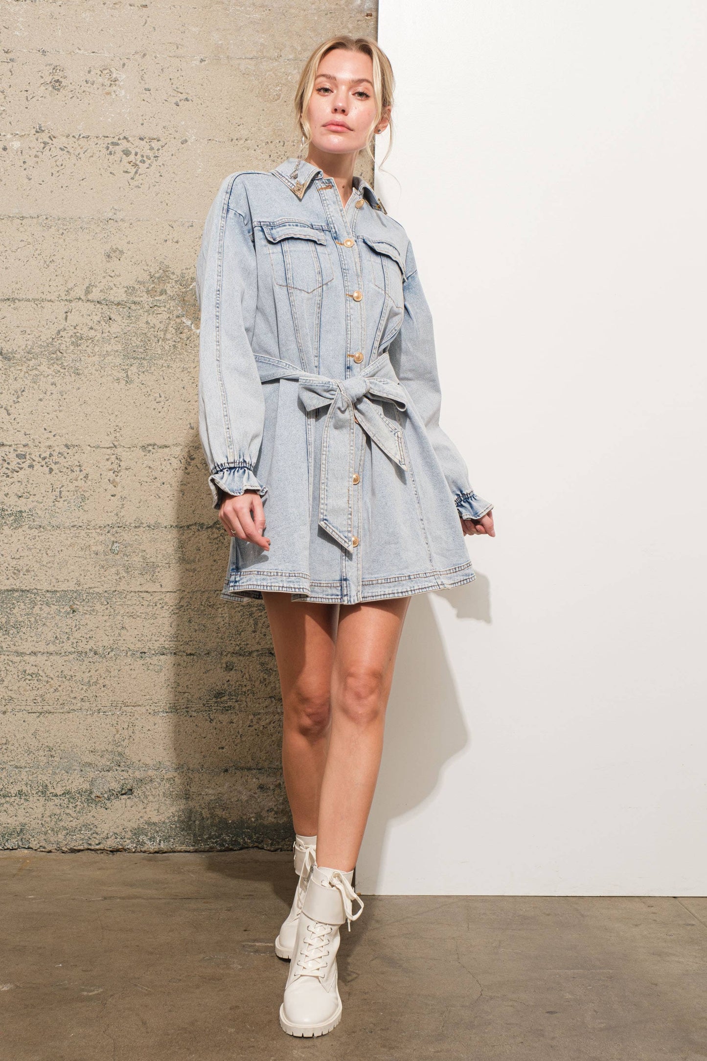 22801D - Twill Chest Pocket Collared Point Denim Dress