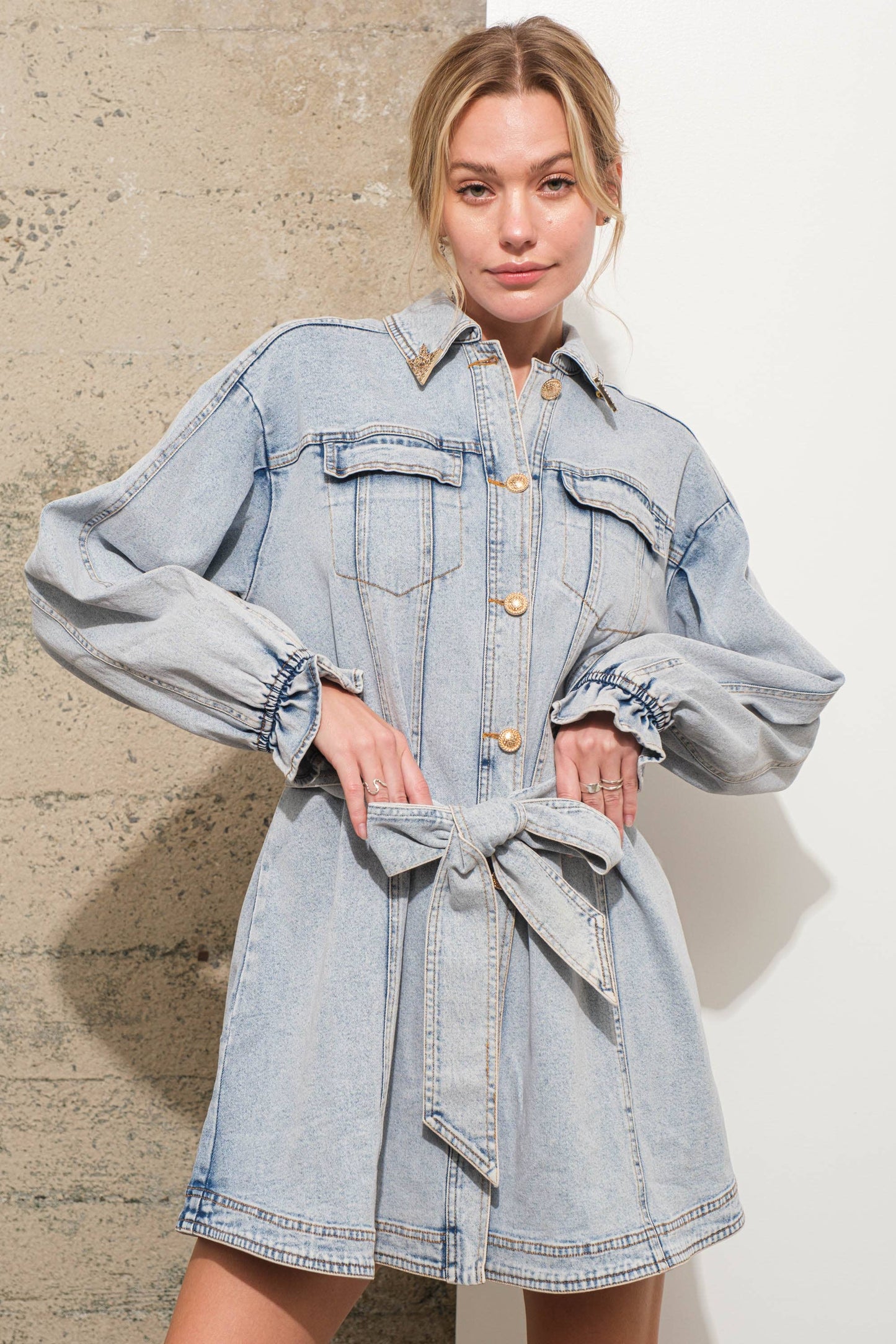 22801D - Twill Chest Pocket Collared Point Denim Dress