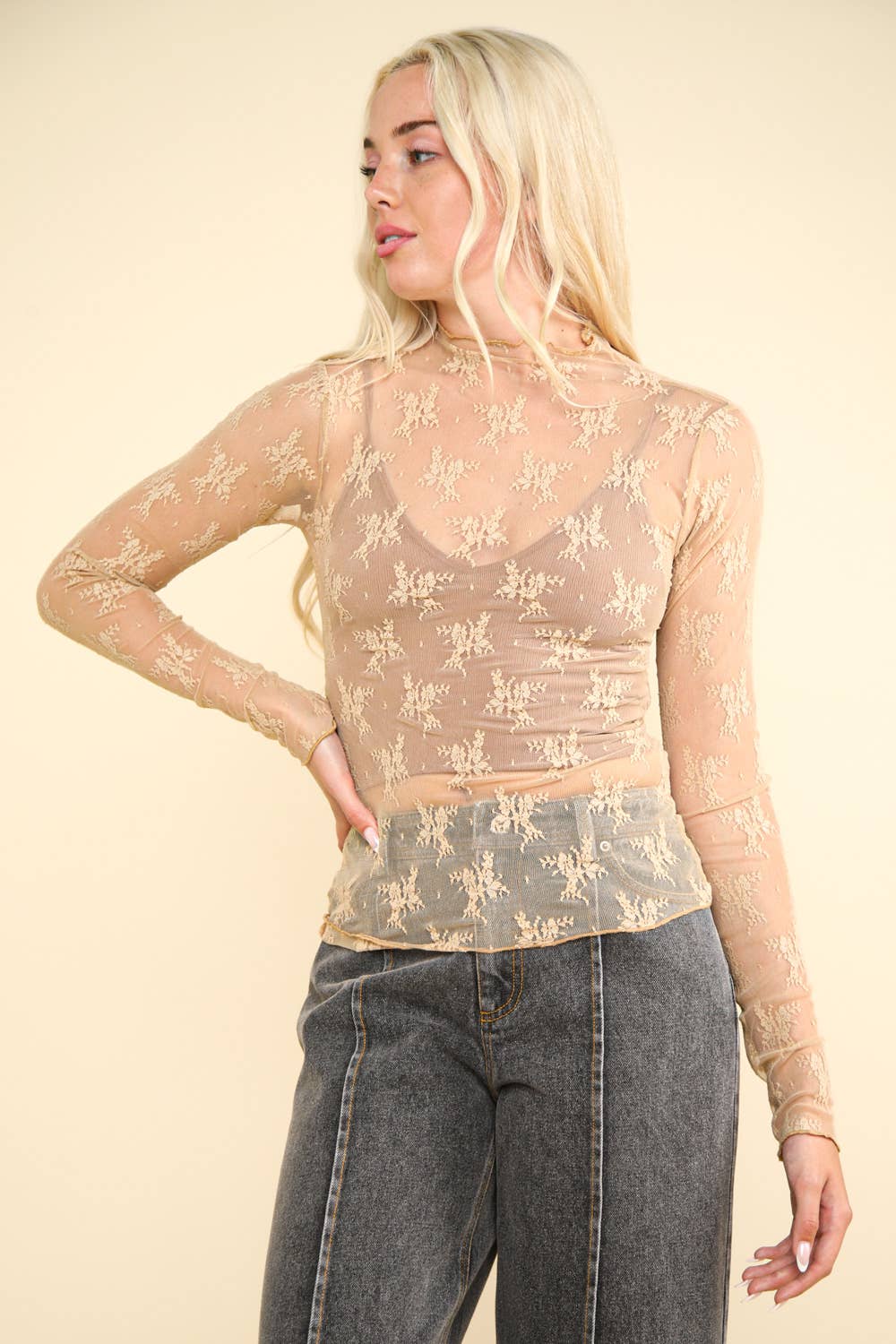 NT11909-High Neck Fitted Sheer Mesh Lace Knit Top