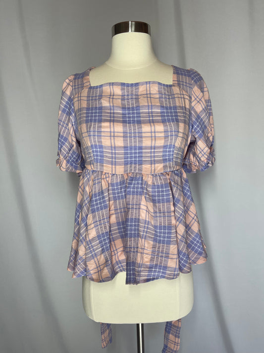 Pink and purple plaid blouse